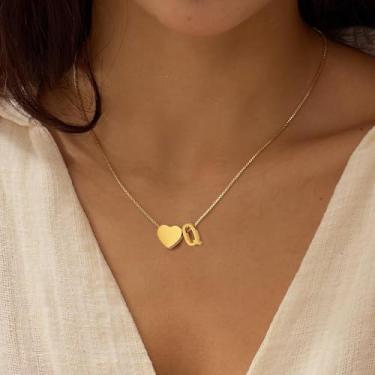 Imagem de Colar feminino com inicial de coração, pingente de letra A a Z, corrente de aço inoxidável banhada a ouro, joia minimalista para presente, 18+2in, Aço inoxidável, Sem Pedra Preciosa