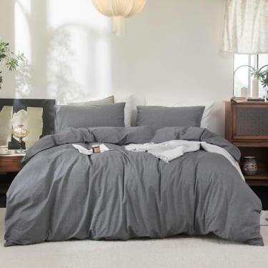 Imagem de FOSSA Conjunto de capa de edredom 100% algodão lavado, sensação de linho, super macio, respirável, aconchegante, 3 peças, cinza escuro, tamanho grande King Plus