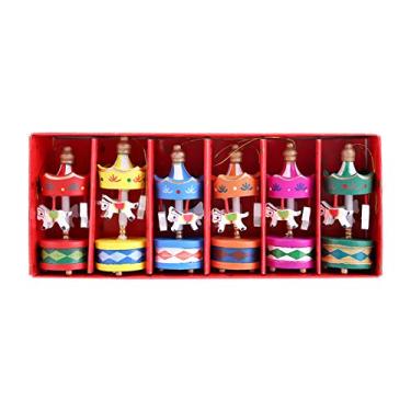 Imagem de AYNEFY Ornamentos de Cavalo de Carrossel de Madeira do Feliz Natal, Decoração de Madeira Premium, Conjunto de 6 Peças para Quarto de Crianças e Presente de Feriado