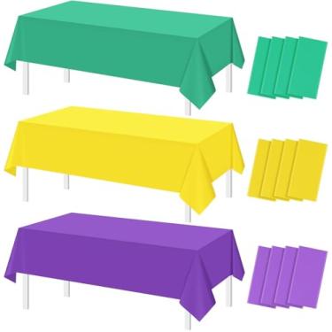 Imagem de 12 peças de toalhas de mesa descartáveis de carnaval, roxo, amarelo, verde, coberturas de mesa retangulares para carnaval de carnaval, baile de máscaras de Nova Orleans, 127 x 272 cm