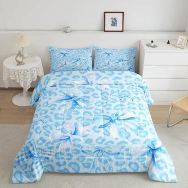 Imagem de Feelyou Conjunto de edredom com laço de leopardo azul tamanho casal fofo conjunto de cama para crianças, meninos, meninas, estilo princesa, edredom kawaii, gravata borboleta azul, decoração de quarto