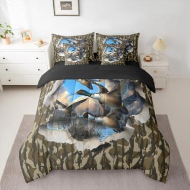 Imagem de Jogo de cama casal de 7 peças, camuflagem de pato selvagem, conjunto de edredom infantil com lençóis, fronhas e capa de almofada para meninas, animais selvagens, cama em uma bolsa, respirável, macio