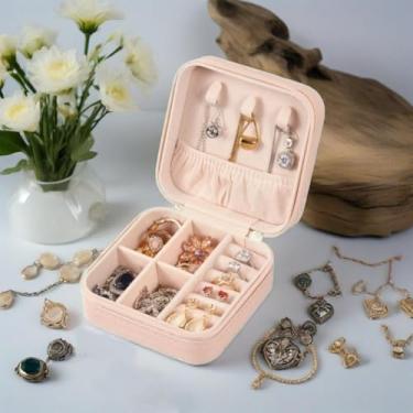 Imagem de Mini caixa de joias de viagem, caixa de presente organizadora de joias de couro PU, pequena caixa de armazenamento de joias portátil para meninas, anéis femininos, brincos, colares, pulseiras, rosa