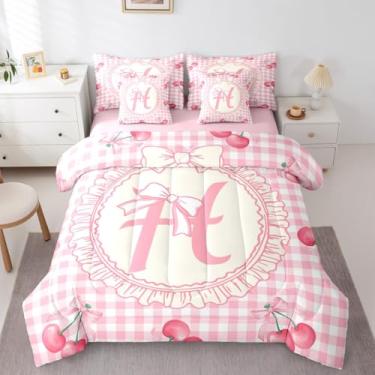 Imagem de Feelyou Conjunto de edredom com laço de cereja rosa com 7 peças, solteiro, fofo, para crianças, meninos, meninas, com inicial H, para decoração de quarto, microfibra leve e macia