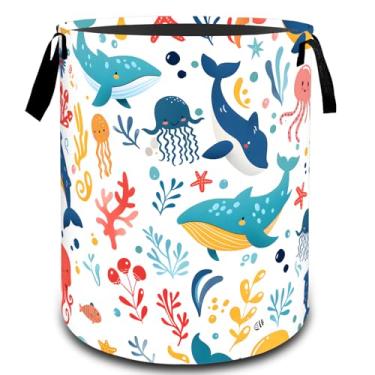 Imagem de VODRM Cesto de roupa suja com golfinho e golfinho, cesto organizador de brinquedos para crianças e adultos, cesto de armazenamento impermeável de tecido Oxford para presentes de decoração costeira de