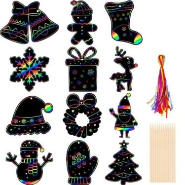 Imagem de 24 peças de papel de arte de raspar de Natal, kit de artesanato infantil para lembrancinhas de festa, prêmios de sala de aula, decorações de Natal e atividades de feriado (com serpentinas e canetas de