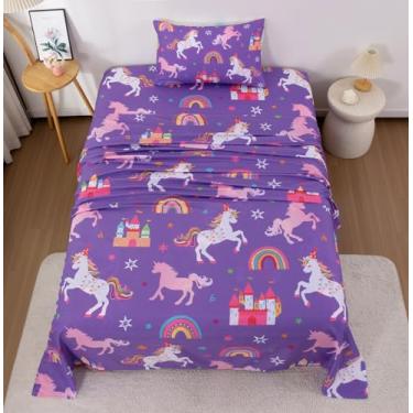 Imagem de URLINENS Jogo de lençol solteiro, 3 peças, castelo de estrela arco-íris, unicórnio, roxo divertido, microfibra macia, 1 lençol com elástico, 1 lençol de cima e 1 fronha