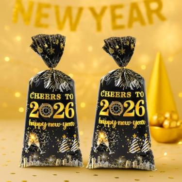 Imagem de 50 unidades de sacos de presente de festa, ouro preto 2026, feliz ano novo, sacos de presente com cordão, sacos de guloseimas de celofane doces com laços dourados torcidos para ano novo, aniversário