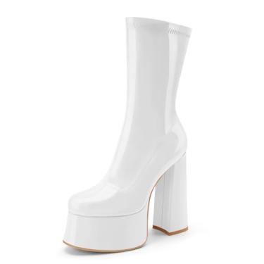 Imagem de Perisis Bota feminina de cano curto com plataforma GoGo, salto alto, redondo, com zíper, de couro, cano médio, para festa rave, Patente branca, 34