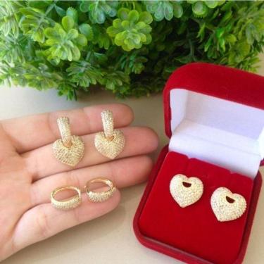 Imagem de Brinco Argola Com Coração Pedras De Zirconia Banhado A Ouro
