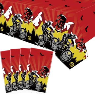 Imagem de Obussgar Pacote com 4 artigos de toalha de mesa de festa de bicicleta, toalha de mesa retangular de plástico para mesas retangulares, artigos de festa de aniversário, lembrancinhas de 139 x 213 cm