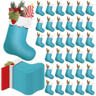 Imagem de Geyoga 48 peças mini meias de Natal azul marinho a granel com visco mini meias de presente para lareira estoques pendurados pequenos de feltro elfo enfeites de Natal decoração para lareira de árvore