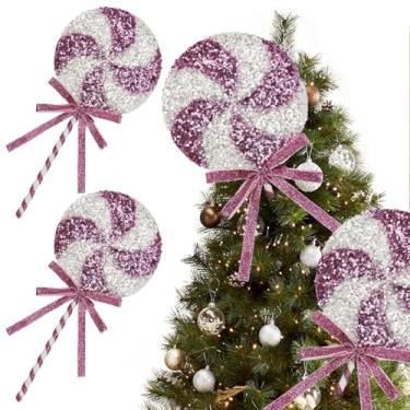 Imagem de 2 peças de enfeites de pirulito de lantejoulas, decorações de doces de Natal com glitter de dupla face vermelho e branco para decoração de árvore de Natal, artesanato em casa (rosa, 28 cm)