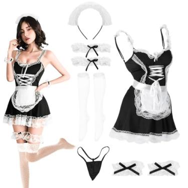 Imagem de Lindo conjunto de fantasia de empregada doméstica com renda, vestido de cosplay de malha, meia clássica, anime japonês, faixa de cabeça avental