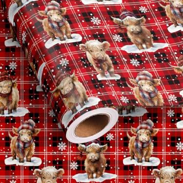 Imagem de Altarho Highland Cow Rolo de papel de embrulho de Natal para crianças, meninos, meninas, design engraçado de vaca de Natal, retrô, vermelho, preto, buffalo, xadrez, embrulho, para decoração de férias