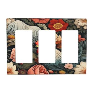 Imagem de Naiqadnehz Capas para interruptores de luz, flores de galo, vermelho, branco, galinha, floral, 3 gangues, balancim elétrico, GFCI, placa decorativa de parede para sala de estar, decoração de casa de