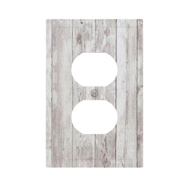 Imagem de Capas de tomada decorativas, placa rústica de madeira cinza/branca, placa de cobertura de interruptor de luz duplex, placas de interruptor elétrico, placas de parede, capas de receptáculo para