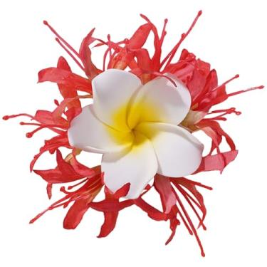 Imagem de Adequado para cada ocasião, grampos de cabelo de flor havaiana Plumeria, vermelho claro, 14 cm, camadas com centro amarelo e pétalas brancas, material misto