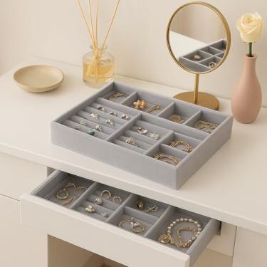 Imagem de Kit 3 Bandejas Porta Joias Veludo Organizadora Bijuterias Cor Porta Joias Cinza