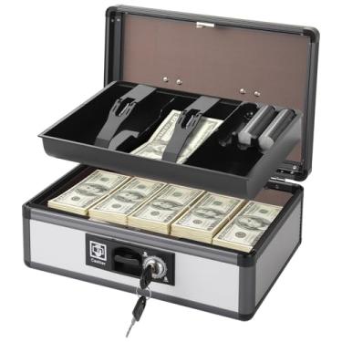Imagem de SAFECaixa de dinheiro com bandeja de dinheiro e trava, organizador de dinheiro de camada dupla, cofre de metal portátil com espaços de armazenamento inferior, caixa de armazenamento de dinheiro segura