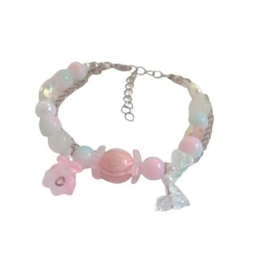 Imagem de Pulseira de contas pastel com pingente de macaron rosa, corrente de prata, flores de cristal iridescentes, detalhes de pérola branca, estilo kawaii