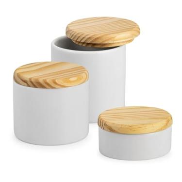Imagem de Jogo com 3 Potes de Porcelana com Tampa de Bambu – Organizadores Modernos para Cozinha, Banheiro e Decor – Cor Branco