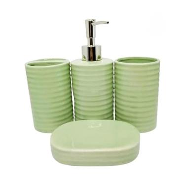 Imagem de Kit de Banheiro Cerâmica 4 Peças Porta Sabonete Líquido/Saboneteira/Porta Escova/Porta algodão(KB3001-VERDE)