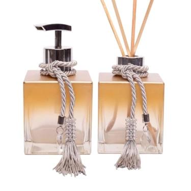 Imagem de Kit de Vidros Cubo Degradê Dourado – Saboneteira e Aromatizador de Luxo com Varetas de Madeira – 250ml(Prata)