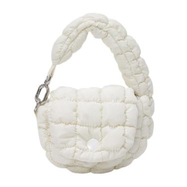 Imagem de Ligficn Mini bolsa acolchoada bolsas pequenas de nylon bolsa leve bolsa de transporte bolsas inchadas para mulheres, Branco, Tendência