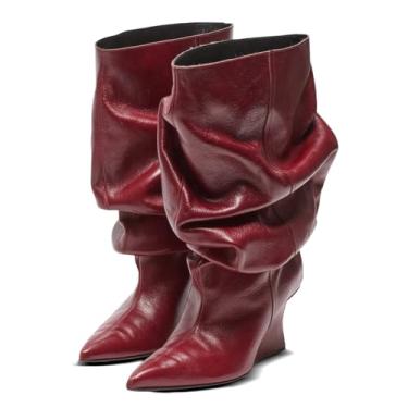 Imagem de USRUNOE Botas femininas de cano médio com salto plataforma – Botas largas de cano curto, bico fino, sapatos modernos de outono e inverno, Borgonha, 37
