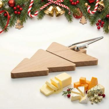 Imagem de Lanties Cortador de queijo de madeira para árvore de Natal com lâmina de aço inoxidável, 25,4 cm x 17,8 cm x 1,5 cm, aperto ajustável, cortador de queijo de árvore de Natal de madeira de faia para