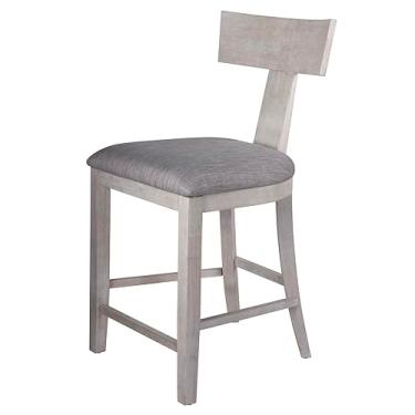 Imagem de Cortesi Home Banqueta Anvile banco branco de madeira bege e tecido cinza claro, assento de 61 cm