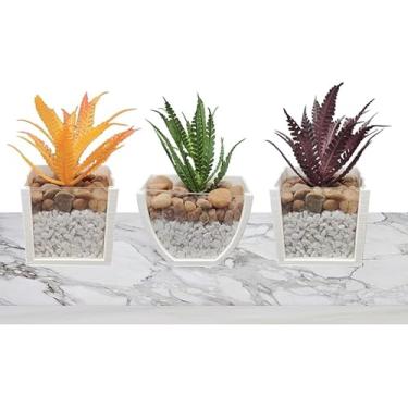 Imagem de Plantas Suculentas Artificiais em Vasos de Acrílico com Pedras Decorativas, Conjunto de 3, Laranja Verde Roxo