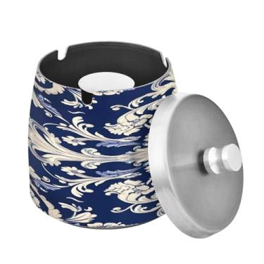 Imagem de Blueangle Cinzeiro padrão azul branco com tampa para cigarros, à prova de vento/chuva, aço inoxidável, sem fumaça, inodoro, cinzeiro para uso interno ou externo (363)