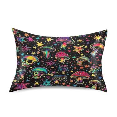 Imagem de Blueangle Fronha de cetim com caveiras de cogumelos coloridos para cabelo e pele, fronha de seda, tamanho Queen (50,8 x 76,2 cm) - Capas de almofada de cetim refrescantes com fecho de envelope (271)