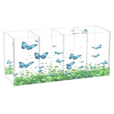 Imagem de SEHANY Porta-canetas de acrílico com flores de borboleta coloridas, 4 compartimentos, porta-lápis transparente, organizador de pincéis de maquiagem, organizador de papelaria para escritório, casa