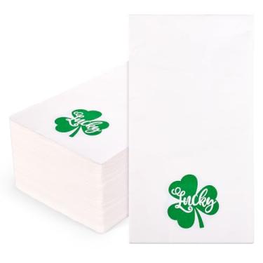 Imagem de FYSUIMU Guardanapos de papel para convidados do dia de São Patrício, toalhas de mão descartáveis verdes trevo da sorte para festa irlandesa primavera férias cozinha banheiro mesa de jantar suprimentos