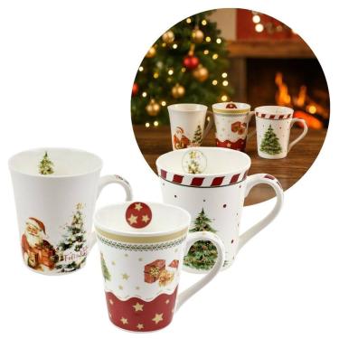 Imagem de Jogo 3 Canecas Porcelana Natalina Premium 300ml Papai Noel, Árvore e Presentes