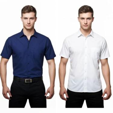 Imagem de Kit 2 Camisas Sociais Microleve Manga Curta cor:Azul Marinho,BrancoTam