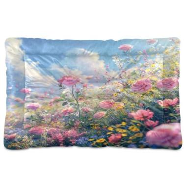 Imagem de SEHANY Cama de jardim para cães com flores vibrantes, cama de gato com fundo antiderrapante, cama de canil, colchão macio para animais de estimação, lavável para cães pequenos, médios e grandes, gatos