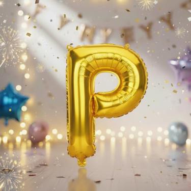 Imagem de Balões grandes de letras douradas P de 81 cm, balões de plphabet Mylar preenchidos com hélio para festas de aniversário e decorações de aniversário, suprimentos de decoração de festa de ouro grande
