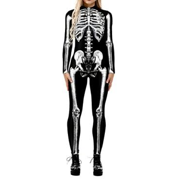 Imagem de ALBIZIA Macacão feminino de esqueleto de caveira de Halloween, body para cosplay, X177, XX-Large-XXX-Large
