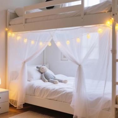 Imagem de Mosquiteiro de 4 cantos para cama, rede mosquiteira branca para mosquitos para beliches, dossel de cama de solteiro, rede de insetos, para acampamento, casa, dormitório, proteção contra percevejos de