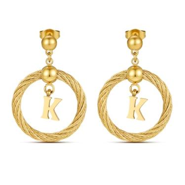 Imagem de Xiacheng Brincos de argola de ouro 18 quilates com inicial de aço inoxidável, hipoalergênicos, presentes modernos para mulheres, declaração delicada, pingente de letra A-Z, joia à prova d'água, Medium