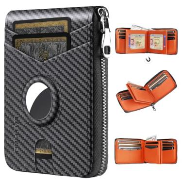 Imagem de Carteira masculina de grandes dimensões com bloqueio de RFID com zíper e 2 janelas para identidade, design de grande capacidade, 13 compartimentos para cartão de crédito, Apple Air Tag laranja