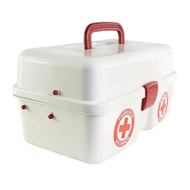 Imagem de Maleta de Primeiros Socorros em Polipropileno, Branco e Vermelho, 34cm x 15cm, 10 Compartimentos Internos com Alça para Transporte