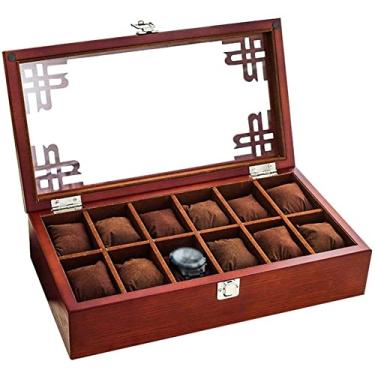 Imagem de uhyOHF Caixa de exibição de relógio, caixa de relógio de madeira, tampa de vidro, 12 pulseiras, bandejas, organizador de abotoaduras com 12 almofadas de armazenamento de remoção (cor: marrom)