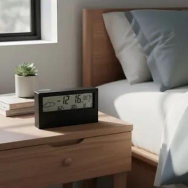 Imagem de Relógio Despertador Digital de Mesa com LCD – Hora, Data, Temperatura, Umidade, Alarme Snooze, Previsão do Tempo – Modelo Compacto e Moderno