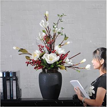 Imagem de Flor artificial com vaso de orquídea em vaso, arranjos grandes de flores falsas com vaso de cerâmica, para mesa de jantar e casamento