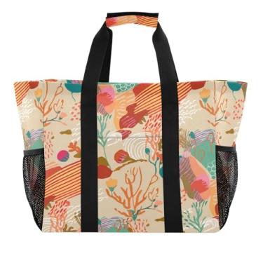 Imagem de Wassud Sacolas de compras reutilizáveis com formas abstratas de flores, bolsa grande, à prova d'água, organizador de lona para praia, piquenique, lavanderia, viagem